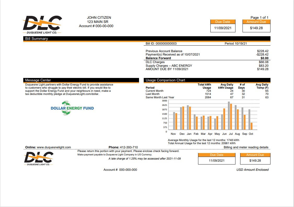 USA Pennsylvania Duquesne Light Company (DLC) utility bill template in Word and PDF format